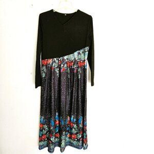Generic Casual Stitching flower Print Elegant Black Midi Dress Size Medium